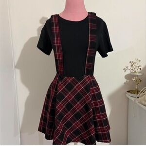 Hot Topic Black and Red Plaid Skirt with  Suspenders